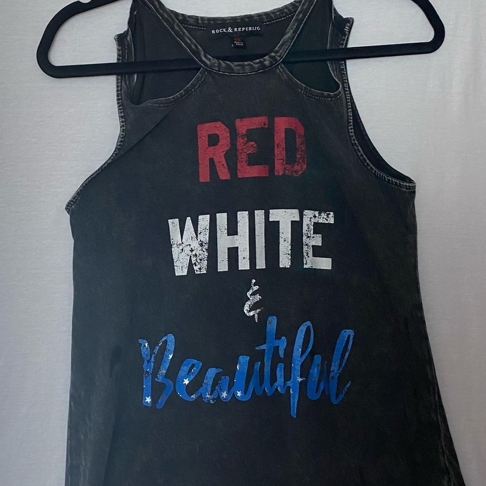 Gray, red, white, and blue tank top. Rock & Republic, size small.